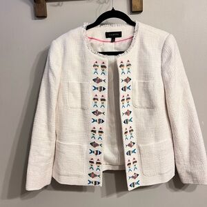 Talbots Women's Cream Textured Blazer with Colorful Embroidery